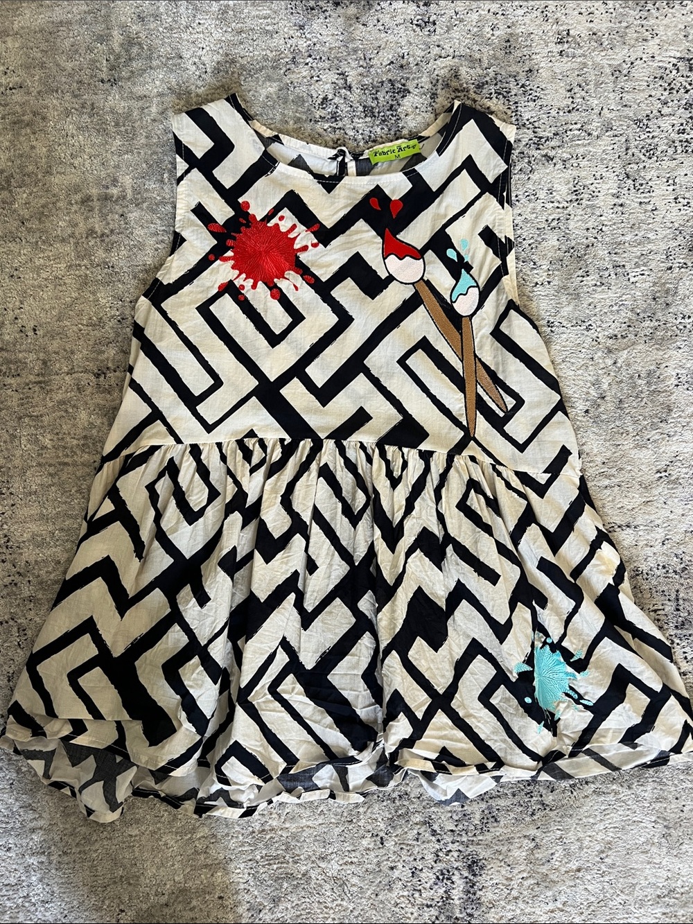 Paint-Splash Pattern Kids Dress in Black & White with Red & Teal Accents